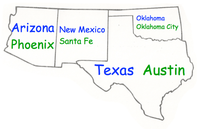 Map of the southwest region with capitals